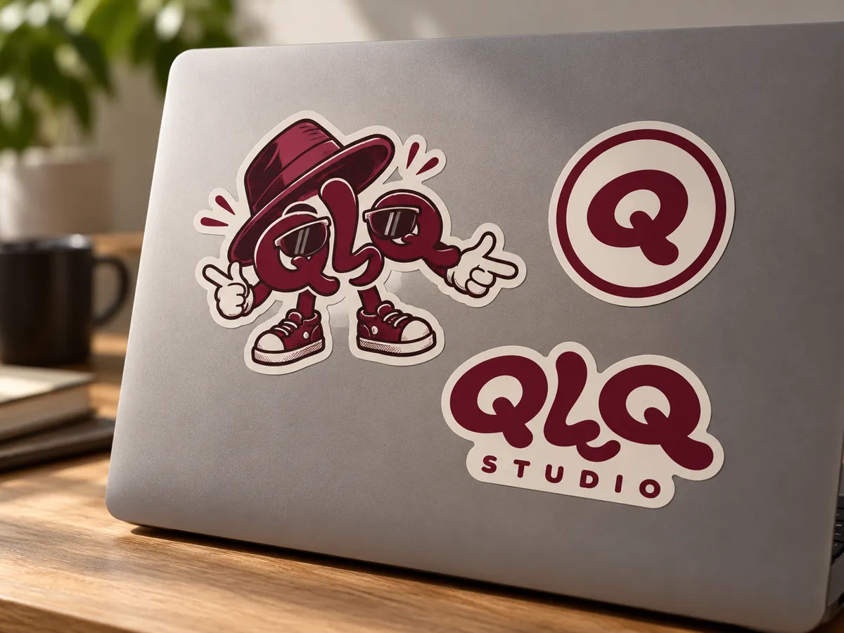 Stickers de QLQ Studio y El Pana Chipí pegados en una laptop