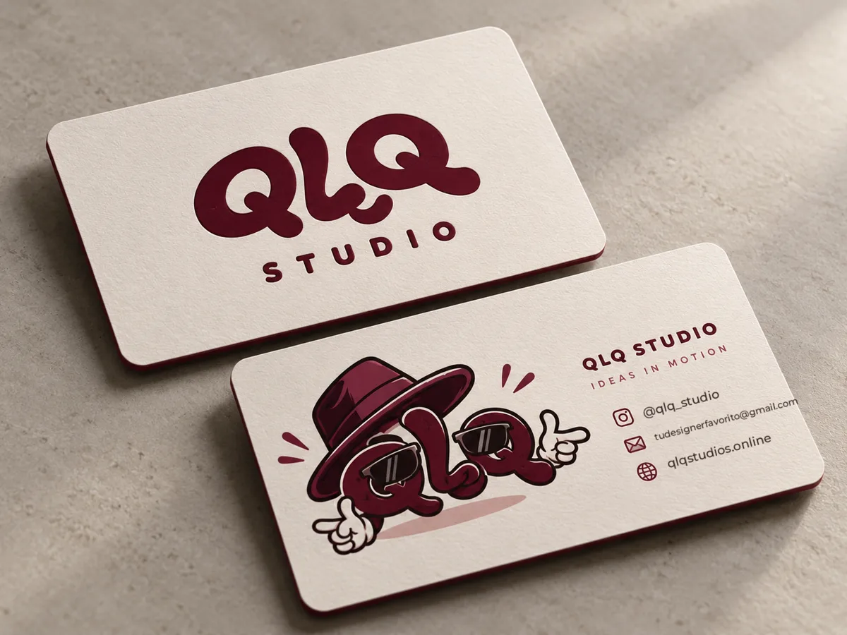 Tarjetas de presentación de QLQ Studio, frente y reverso